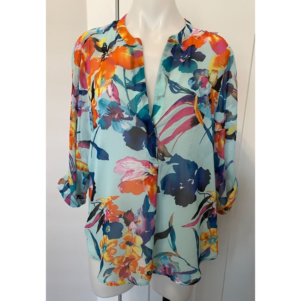 CHICOS Womens TOP 3/4 Sleeve BLUE  Orange Pink FLORAL Size 1 (M/8)